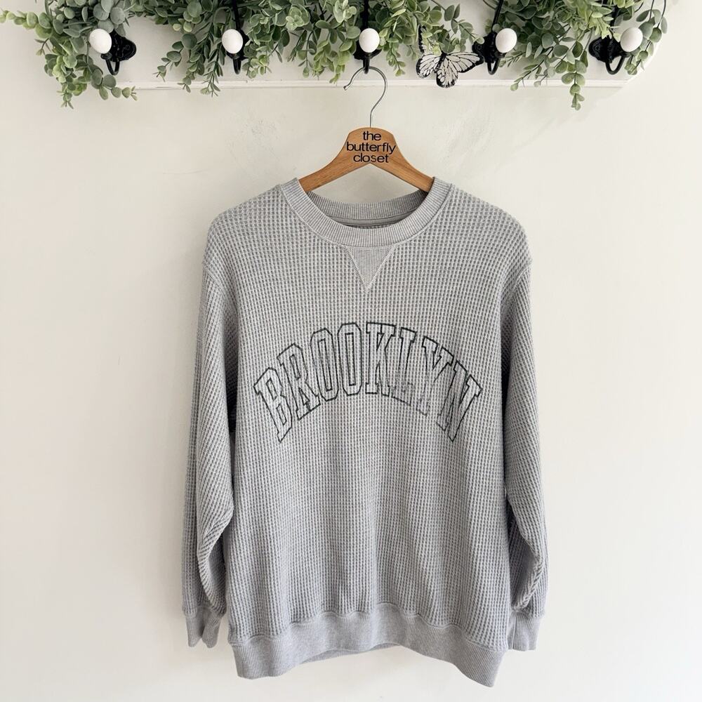 Aerie Womens Gray Brooklyn Waffle Knit Oversized Pullover Sweatshirt Size XS 21-